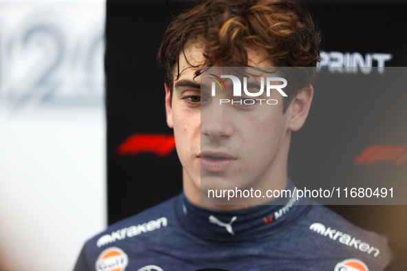 Franco Colapinto speaks to the press after driving in a sprint qualifying session at Circuit of the Americas in Austin, Texas, on October 18...