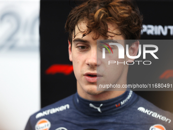 Franco Colapinto speaks to the press after driving in a sprint qualifying session at Circuit of the Americas in Austin, Texas, on October 18...