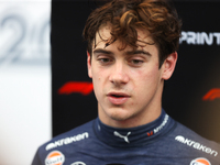 Franco Colapinto speaks to the press after driving in a sprint qualifying session at Circuit of the Americas in Austin, Texas, on October 18...