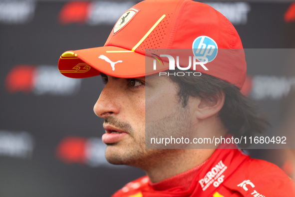 Carlos Sainz speaks to the press after driving in a sprint qualifying session at Circuit of the Americas in Austin, Texas, on October 18, 20...