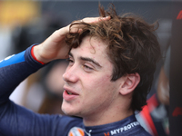 Franco Colapinto speaks to the press after driving in a sprint qualifying session at Circuit of the Americas in Austin, Texas, on October 18...