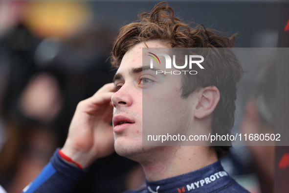 Franco Colapinto speaks to the press after driving in a sprint qualifying session at Circuit of the Americas in Austin, Texas, on October 18...