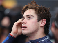 Franco Colapinto speaks to the press after driving in a sprint qualifying session at Circuit of the Americas in Austin, Texas, on October 18...