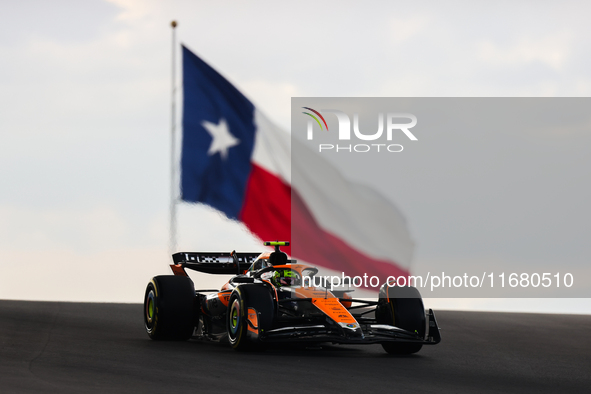 Lando Norris drives in sprint qualifying at Circuit of the Americas in Austin, Texas, on October 18, 2024, during the Formula 1 Pirelli Unit...