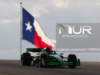 Zhou Guanyu drives in sprint qualifying at Circuit of the Americas in Austin, Texas, on October 18, 2024, during the Formula 1 Pirelli Unite...