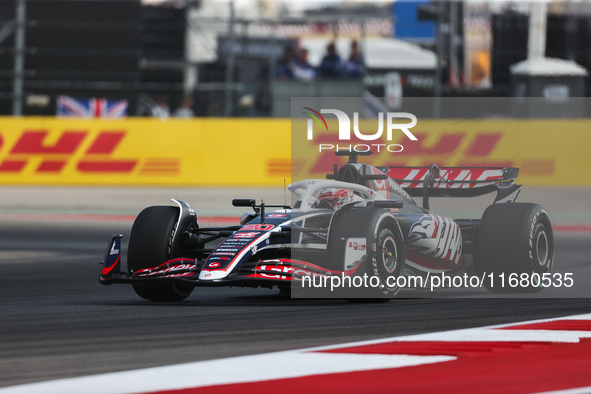 Kevin Magnussen drives in a free practice session at Circuit of the Americas in Austin, United States, on October 18, 2024, during the Formu...