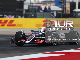 Kevin Magnussen drives in a free practice session at Circuit of the Americas in Austin, United States, on October 18, 2024, during the Formu...