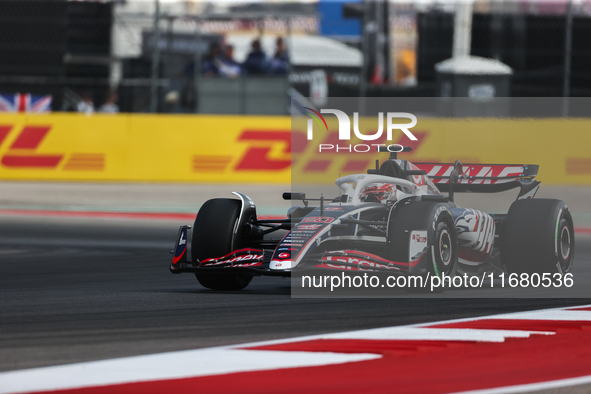 Kevin Magnussen drives in a free practice session at Circuit of the Americas in Austin, United States, on October 18, 2024, during the Formu...