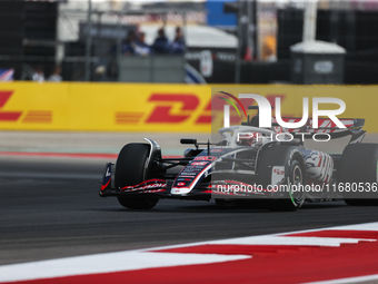 Kevin Magnussen drives in a free practice session at Circuit of the Americas in Austin, United States, on October 18, 2024, during the Formu...