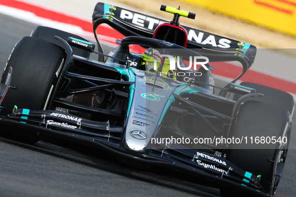 Lewis Hamilton drives in a free practice session at Circuit of the Americas in Austin, United States, on October 18, 2024, during the Formul...