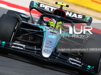 Lewis Hamilton drives in a free practice session at Circuit of the Americas in Austin, United States, on October 18, 2024, during the Formul...