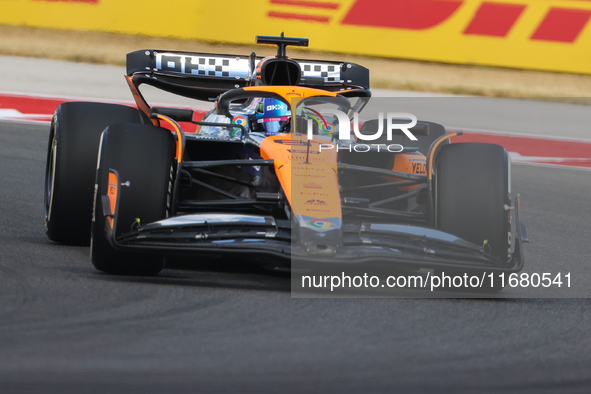 Oscar Piastri drives in a free practice session at Circuit of the Americas in Austin, United States, on October 18, 2024, during the Formula...