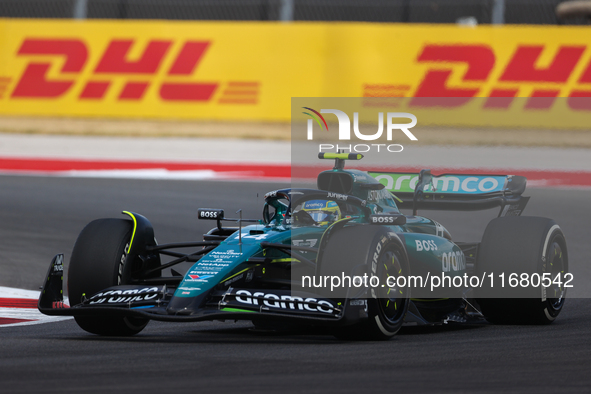 Fernando Alonso drives in a free practice session at Circuit of the Americas in Austin, United States, on October 18, 2024, during the Formu...