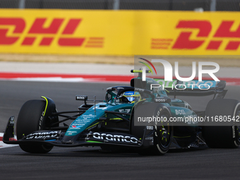 Fernando Alonso drives in a free practice session at Circuit of the Americas in Austin, United States, on October 18, 2024, during the Formu...