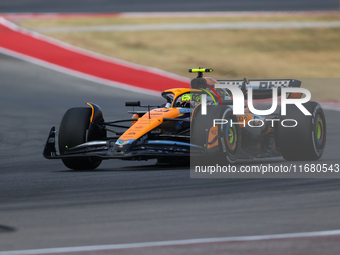 Lando Norris drives in a free practice session at Circuit of the Americas in Austin, United States, on October 18, 2024, during the Formula...