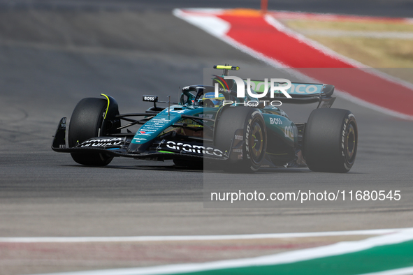 Fernando Alonso drives in a free practice session at Circuit of the Americas in Austin, United States, on October 18, 2024, during the Formu...