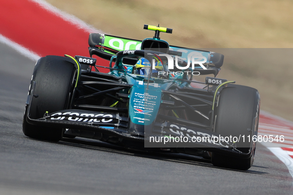 Fernando Alonso drives in a free practice session at Circuit of the Americas in Austin, United States, on October 18, 2024, during the Formu...