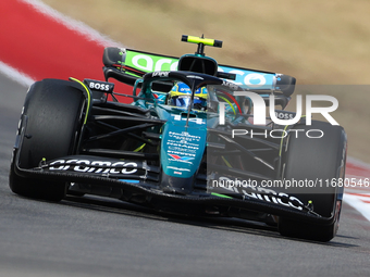 Fernando Alonso drives in a free practice session at Circuit of the Americas in Austin, United States, on October 18, 2024, during the Formu...