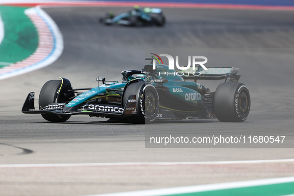 Lance Stroll drives in a free practice session at Circuit of the Americas in Austin, United States, on October 18, 2024, during the Formula...