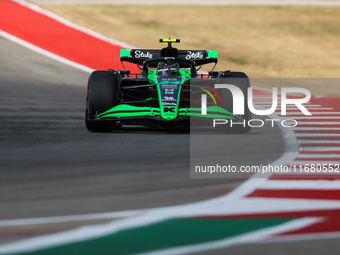 Zhou Guanyu drives in a free practice session at Circuit of the Americas in Austin, United States, on October 18, 2024, during the Formula 1...