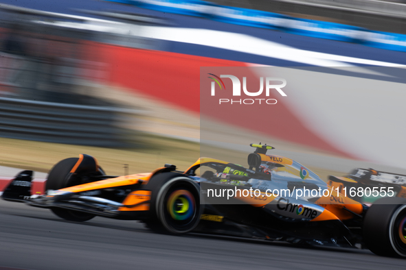 Lando Norris drives in a free practice session at Circuit of the Americas in Austin, United States, on October 18, 2024, during the Formula...