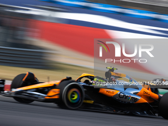 Lando Norris drives in a free practice session at Circuit of the Americas in Austin, United States, on October 18, 2024, during the Formula...