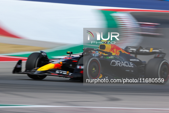 Sergio Perez drives in a free practice session at Circuit of the Americas in Austin, United States, on October 18, 2024, during the Formula...