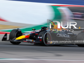 Sergio Perez drives in a free practice session at Circuit of the Americas in Austin, United States, on October 18, 2024, during the Formula...