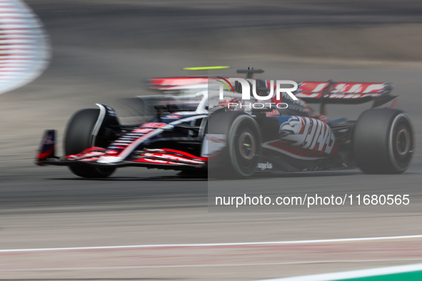 Kevin Magnussen drives in a free practice session at Circuit of the Americas in Austin, United States, on October 18, 2024, during the Formu...