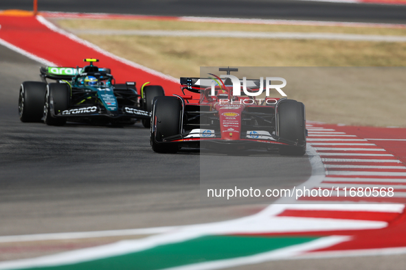 Fernando Alonso and Charles Leclerc drive in a free practice session at Circuit of the Americas in Austin, United States, on October 18, 202...