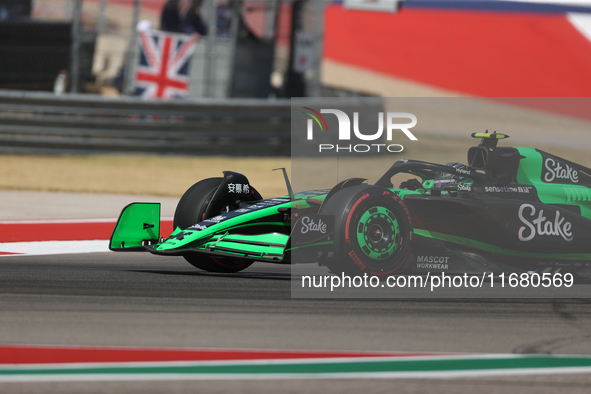 Zhou Guanyu drives in a free practice session at Circuit of the Americas in Austin, United States, on October 18, 2024, during the Formula 1...