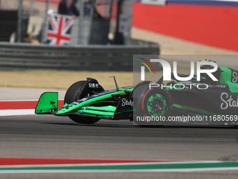 Zhou Guanyu drives in a free practice session at Circuit of the Americas in Austin, United States, on October 18, 2024, during the Formula 1...