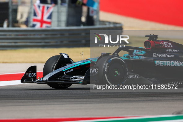 George Russell drives in a free practice session at Circuit of the Americas in Austin, United States, on October 18, 2024, during the Formul...