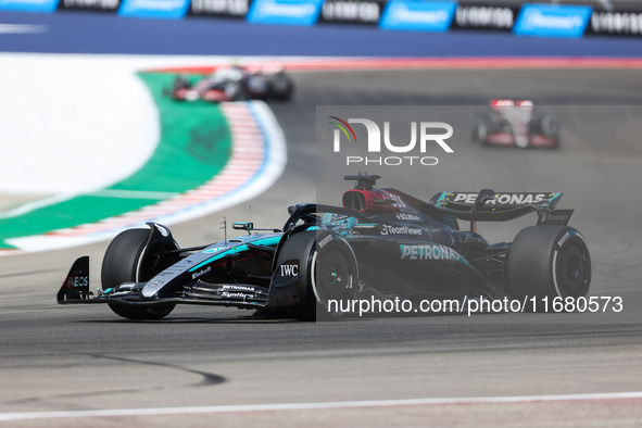 George Russell drives in a free practice session at Circuit of the Americas in Austin, United States, on October 18, 2024, during the Formul...