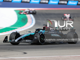 George Russell drives in a free practice session at Circuit of the Americas in Austin, United States, on October 18, 2024, during the Formul...