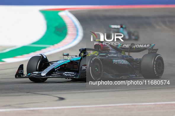 Lewis Hamilton drives in a free practice session at Circuit of the Americas in Austin, United States, on October 18, 2024, during the Formul...