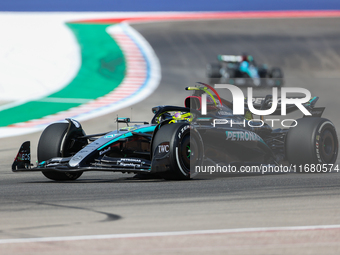 Lewis Hamilton drives in a free practice session at Circuit of the Americas in Austin, United States, on October 18, 2024, during the Formul...