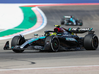 Lewis Hamilton drives in a free practice session at Circuit of the Americas in Austin, United States, on October 18, 2024, during the Formul...