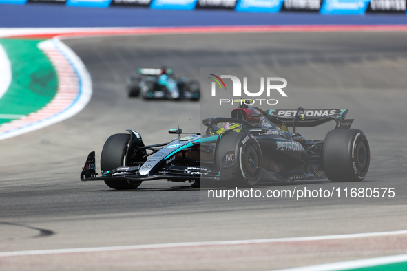 Lewis Hamilton drives in a free practice session at Circuit of the Americas in Austin, United States, on October 18, 2024, during the Formul...