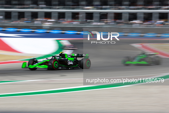 Zhou Guanyu and Valtteri Bottas drive in a free practice session at Circuit of the Americas in Austin, United States, on October 18, 2024, d...