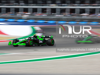 Zhou Guanyu and Valtteri Bottas drive in a free practice session at Circuit of the Americas in Austin, United States, on October 18, 2024, d...