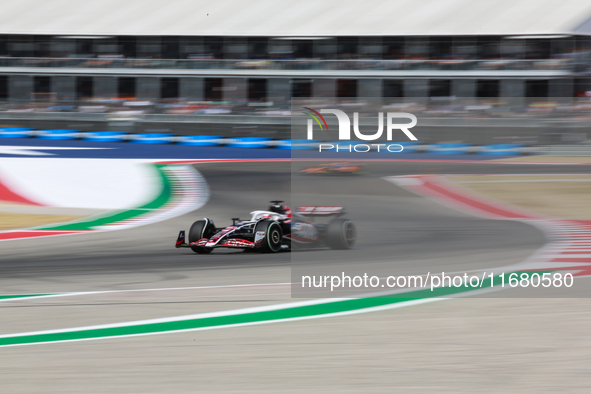 Kevin Magnussen drives in a free practice session at Circuit of the Americas in Austin, United States, on October 18, 2024, during the Formu...