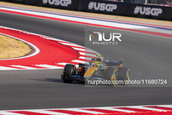 Lando Norris of the UK drives the McLaren F1 Team MCL38 Mercedes during the Formula 1 Pirelli United States Grand Prix 2024 in Austin, USA,...