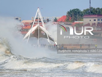 Strong winds create huge waves at the sea in Yantai, China, on October 19, 2024. (