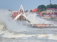 Strong winds create huge waves at the sea in Yantai, China, on October 19, 2024. (