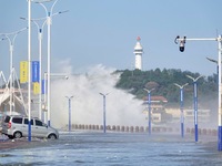 Strong winds create huge waves at the sea in Yantai, China, on October 19, 2024. (