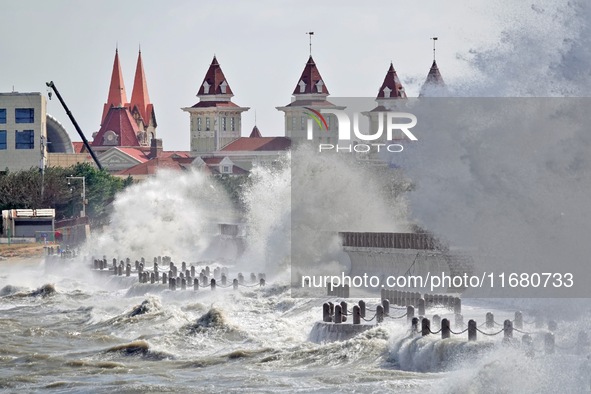 Strong winds create huge waves at the sea in Yantai, China, on October 19, 2024. 