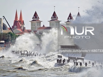 Strong winds create huge waves at the sea in Yantai, China, on October 19, 2024. (