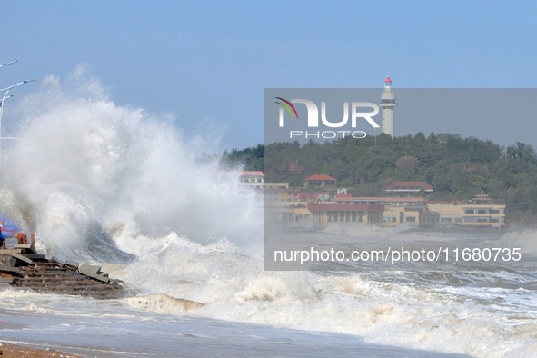 Strong winds create huge waves at the sea in Yantai, China, on October 19, 2024. 