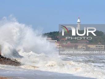 Strong winds create huge waves at the sea in Yantai, China, on October 19, 2024. (